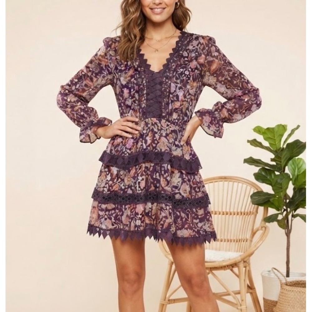 Talulah Purple Floral Lace Up Mini Dress Gold Metallic Dot Boho S#2307-08LDH M